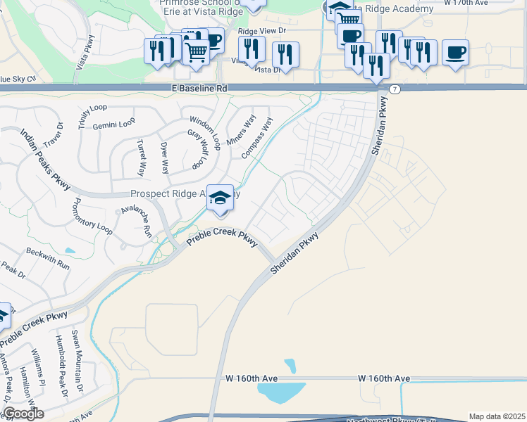 map of restaurants, bars, coffee shops, grocery stores, and more near 16465 Alcott Place in Broomfield
