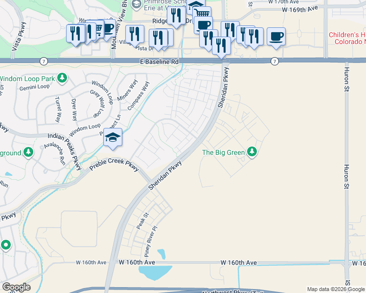 map of restaurants, bars, coffee shops, grocery stores, and more near 16556 Shoshone Street in Broomfield
