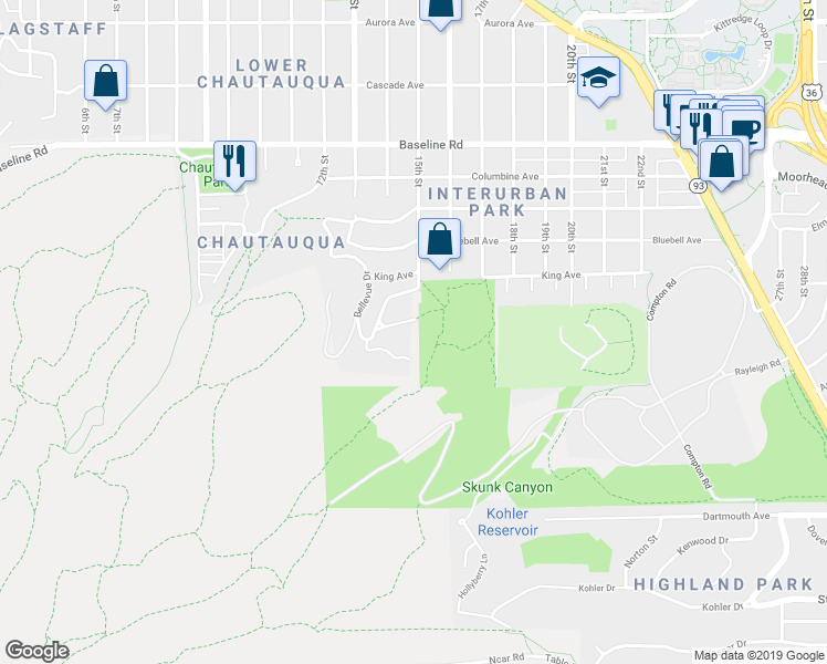 map of restaurants, bars, coffee shops, grocery stores, and more near 1480 Sierra Drive in Boulder