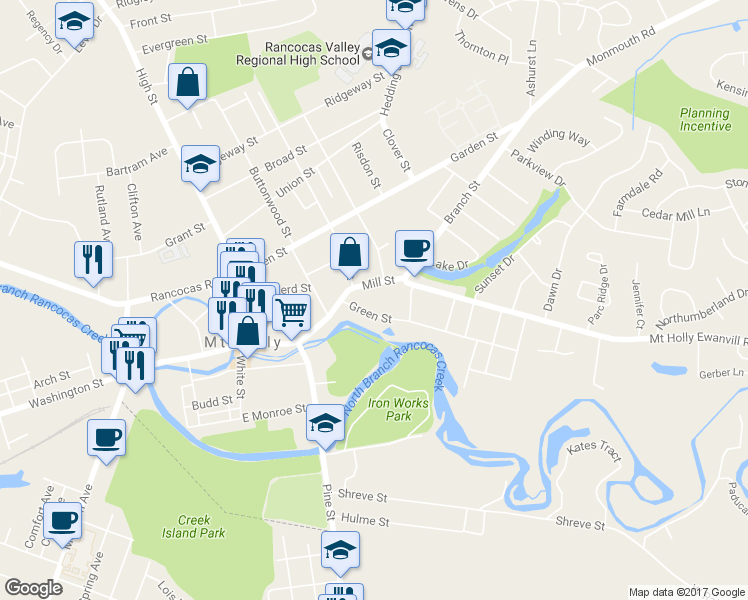 map of restaurants, bars, coffee shops, grocery stores, and more near 25 Green Street in Mount Holly