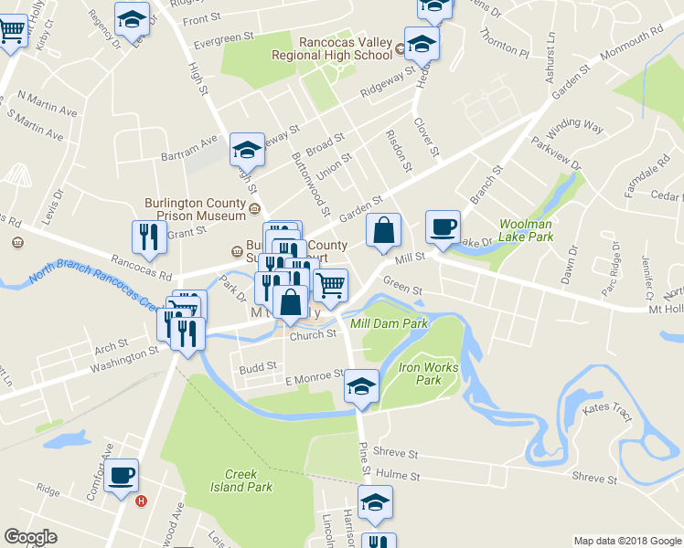 map of restaurants, bars, coffee shops, grocery stores, and more near 48-56 Brainerd Street in Mount Holly