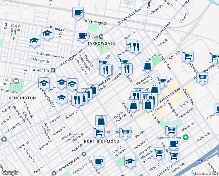 map of restaurants, bars, coffee shops, grocery stores, and more near 2110 East Ontario Street in Philadelphia