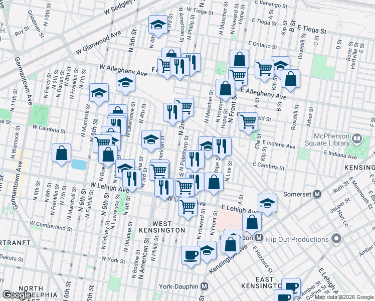 map of restaurants, bars, coffee shops, grocery stores, and more near 189 West Cambria Street in Philadelphia
