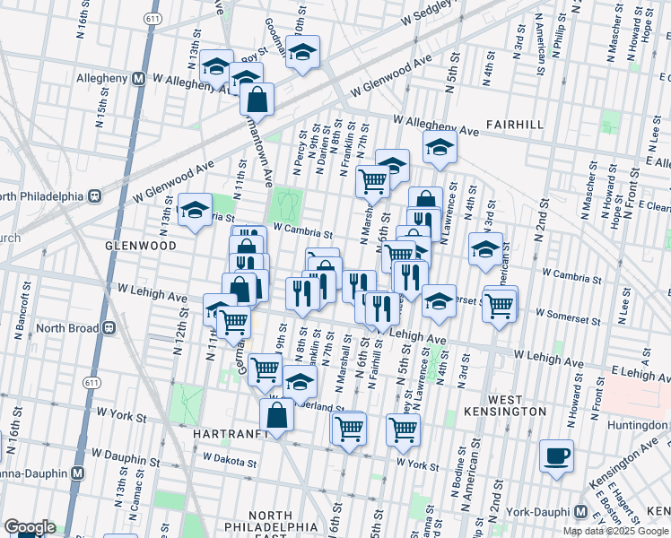 map of restaurants, bars, coffee shops, grocery stores, and more near 2809 North Franklin Street in Philadelphia