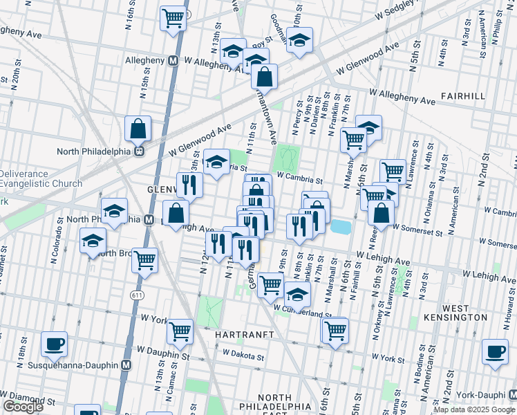 map of restaurants, bars, coffee shops, grocery stores, and more near 2752 Germantown Avenue in Philadelphia