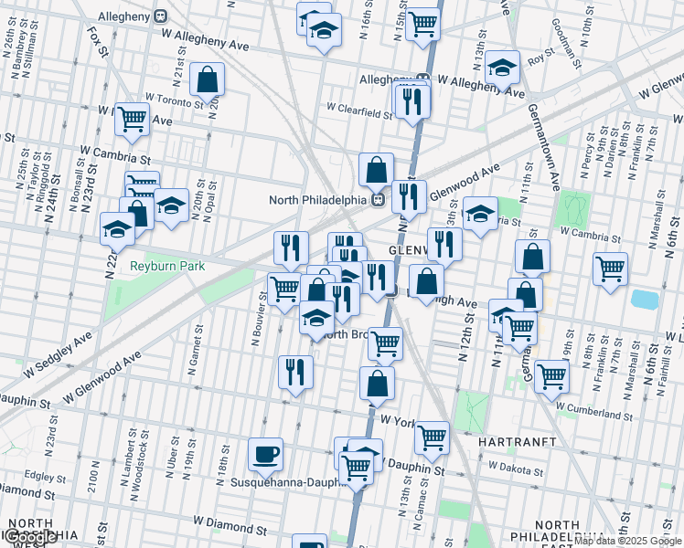map of restaurants, bars, coffee shops, grocery stores, and more near 1533 West Lehigh Avenue in Philadelphia
