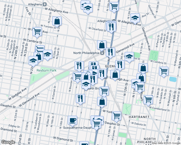 map of restaurants, bars, coffee shops, grocery stores, and more near in Philadelphia