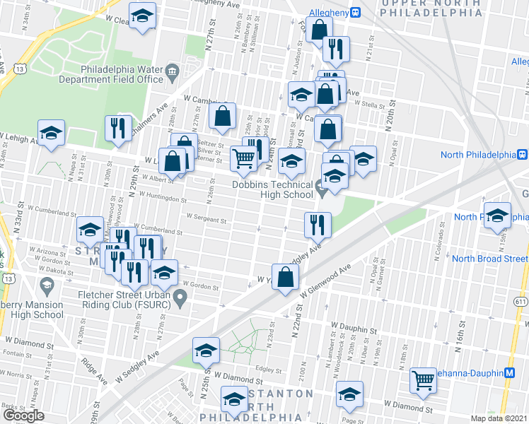 map of restaurants, bars, coffee shops, grocery stores, and more near 2601 North 24th Street in Philadelphia