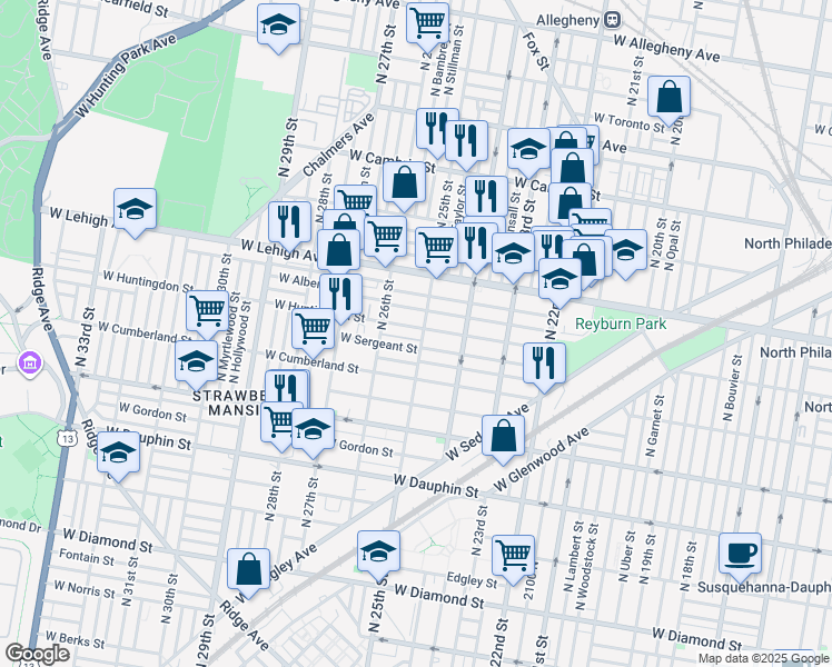 map of restaurants, bars, coffee shops, grocery stores, and more near 2446 West Huntingdon Street in Philadelphia