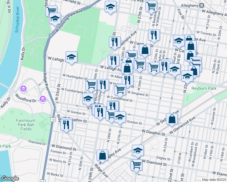 map of restaurants, bars, coffee shops, grocery stores, and more near in Philadelphia