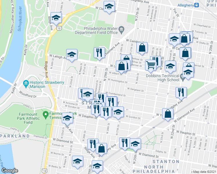 map of restaurants, bars, coffee shops, grocery stores, and more near in Philadelphia