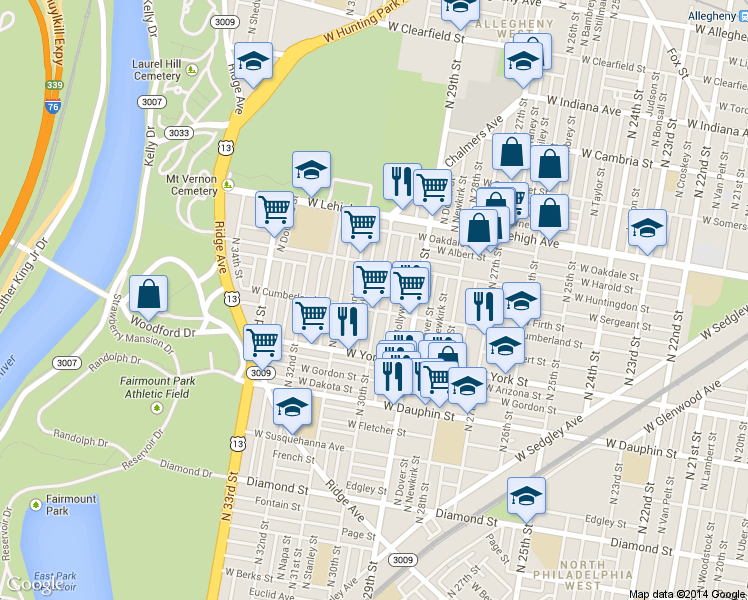 map of restaurants, bars, coffee shops, grocery stores, and more near 2506 North Corlies Street in Philadelphia