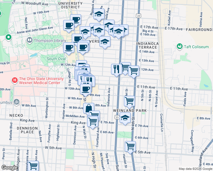 map of restaurants, bars, coffee shops, grocery stores, and more near 107 East 11th Avenue in Columbus