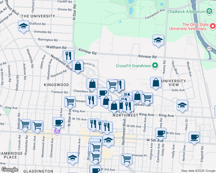 map of restaurants, bars, coffee shops, grocery stores, and more near 1758 Northwest Boulevard in Columbus