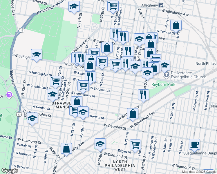 map of restaurants, bars, coffee shops, grocery stores, and more near 2510 West Huntingdon Street in Philadelphia