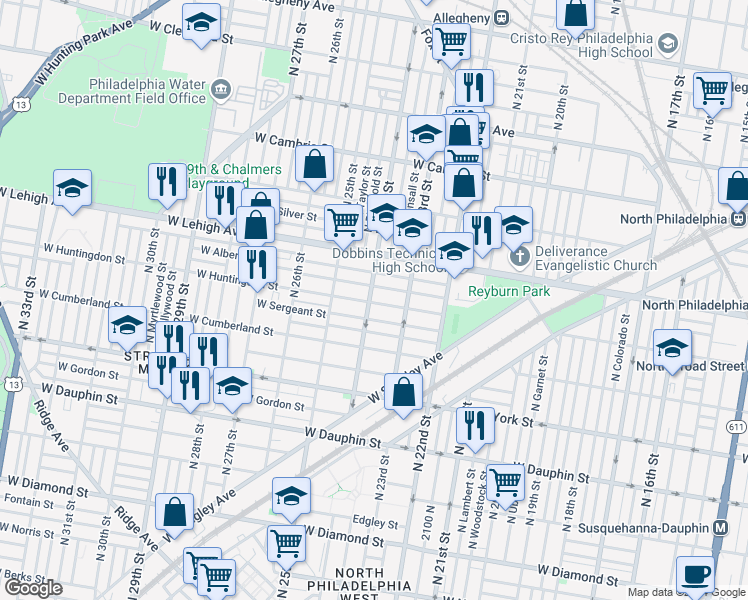 map of restaurants, bars, coffee shops, grocery stores, and more near 2601 North 24th Street in Philadelphia