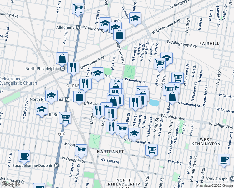 map of restaurants, bars, coffee shops, grocery stores, and more near 2752 Germantown Avenue in Philadelphia