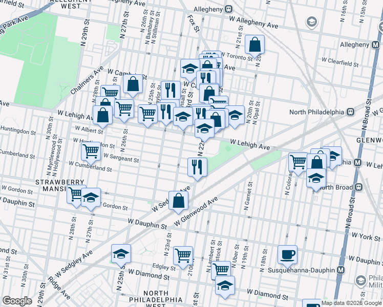 map of restaurants, bars, coffee shops, grocery stores, and more near 2618 North 22nd Street in Philadelphia