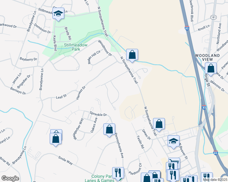 map of restaurants, bars, coffee shops, grocery stores, and more near 3027 Village Circle West in York