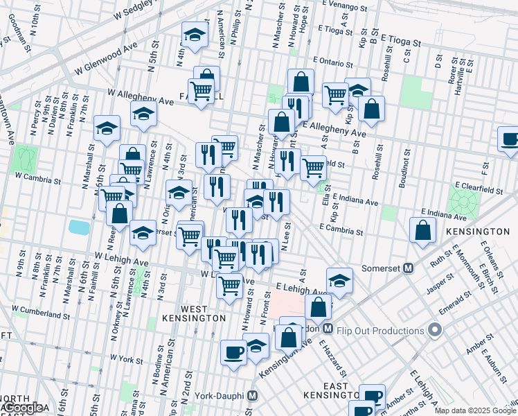 map of restaurants, bars, coffee shops, grocery stores, and more near 2915 Waterloo Street in Philadelphia