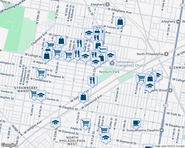 map of restaurants, bars, coffee shops, grocery stores, and more near 2618 North 22nd Street in Philadelphia