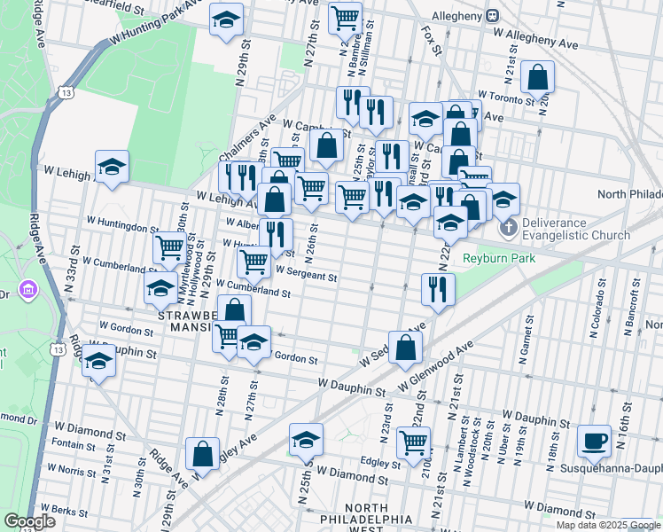 map of restaurants, bars, coffee shops, grocery stores, and more near 2510 West Huntingdon Street in Philadelphia