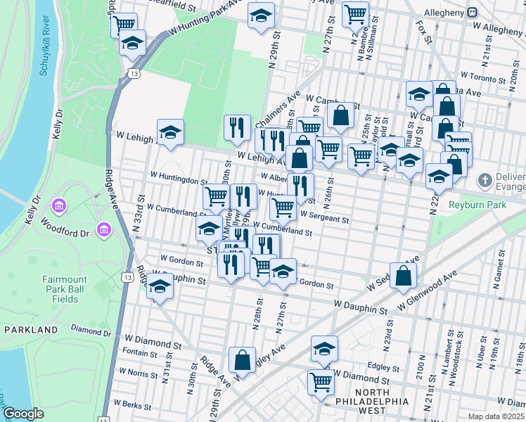 map of restaurants, bars, coffee shops, grocery stores, and more near 2530 North Newkirk Street in Philadelphia