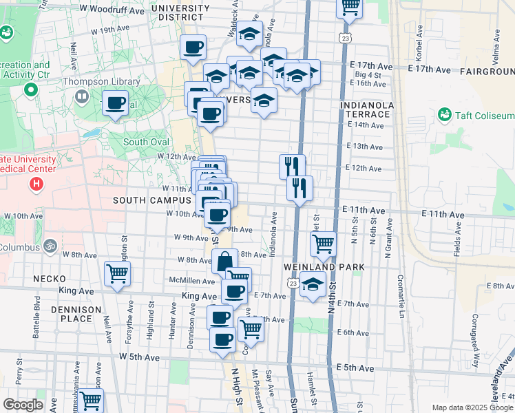 map of restaurants, bars, coffee shops, grocery stores, and more near 107 East 11th Avenue in Columbus