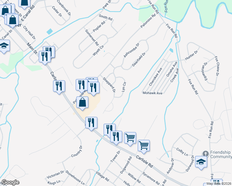 map of restaurants, bars, coffee shops, grocery stores, and more near 3949 Sheppard Drive in Dover