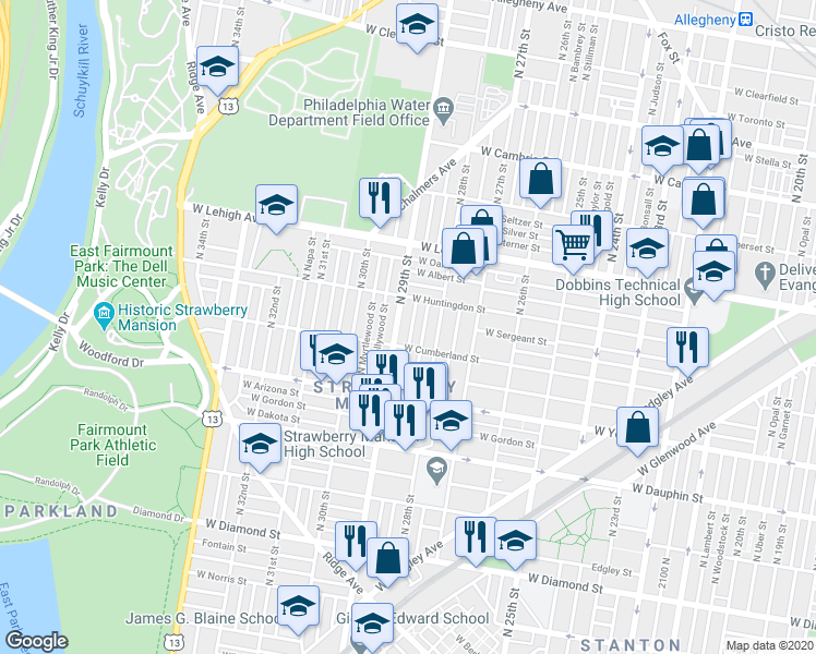 map of restaurants, bars, coffee shops, grocery stores, and more near 2528 North Dover Street in Philadelphia