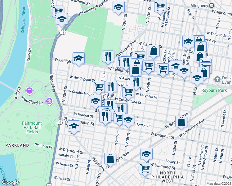 map of restaurants, bars, coffee shops, grocery stores, and more near 2528 North Dover Street in Philadelphia