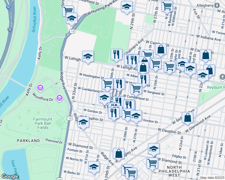 map of restaurants, bars, coffee shops, grocery stores, and more near 2516 North Myrtlewood Street in Philadelphia