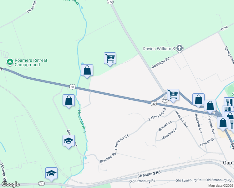 map of restaurants, bars, coffee shops, grocery stores, and more near 5171 Lincoln Highway in Gap
