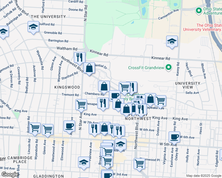 map of restaurants, bars, coffee shops, grocery stores, and more near 1805 Northwest Boulevard in Columbus