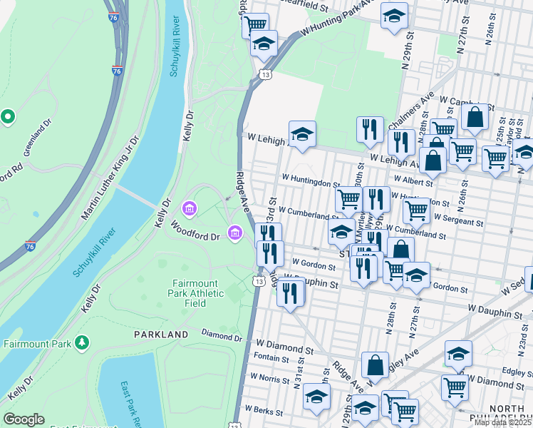 map of restaurants, bars, coffee shops, grocery stores, and more near 2444 North 33rd Street in Philadelphia