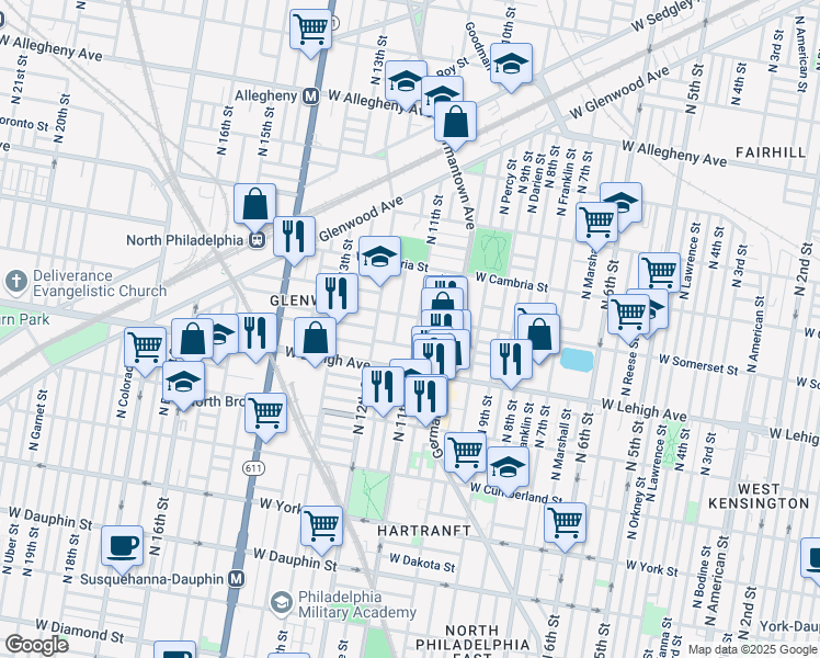 map of restaurants, bars, coffee shops, grocery stores, and more near 2740 North 11th Street in Philadelphia