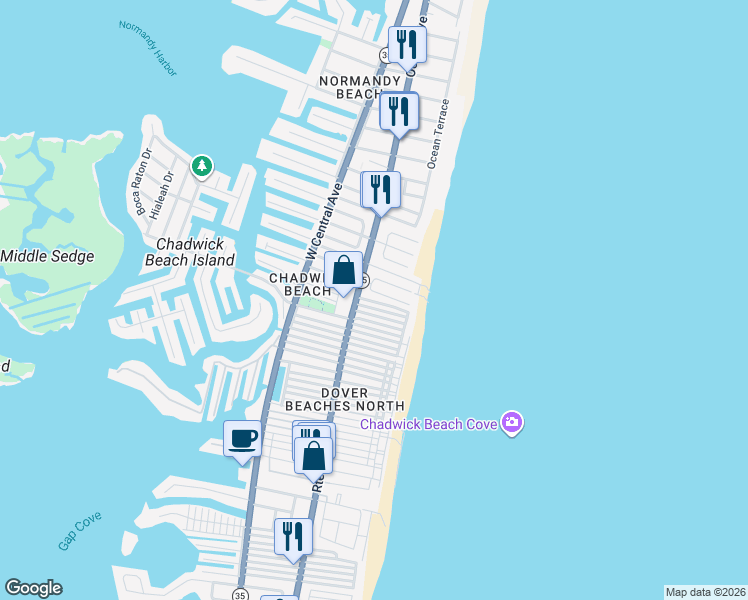 map of restaurants, bars, coffee shops, grocery stores, and more near 68 Barnegat Way in Lavallette