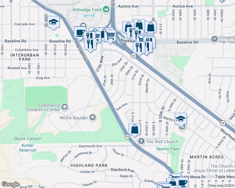 map of restaurants, bars, coffee shops, grocery stores, and more near 220 29th Street in Boulder