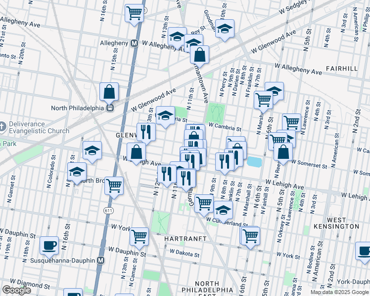 map of restaurants, bars, coffee shops, grocery stores, and more near 2737 North 11th Street in Philadelphia