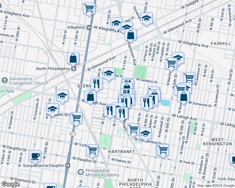 map of restaurants, bars, coffee shops, grocery stores, and more near 2740 North 11th Street in Philadelphia