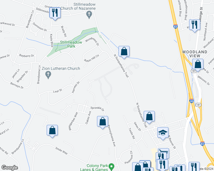 map of restaurants, bars, coffee shops, grocery stores, and more near 3028 Village Circle West in York