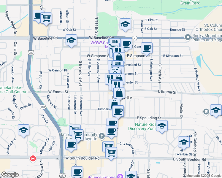 map of restaurants, bars, coffee shops, grocery stores, and more near 107 West Emma Street in Lafayette