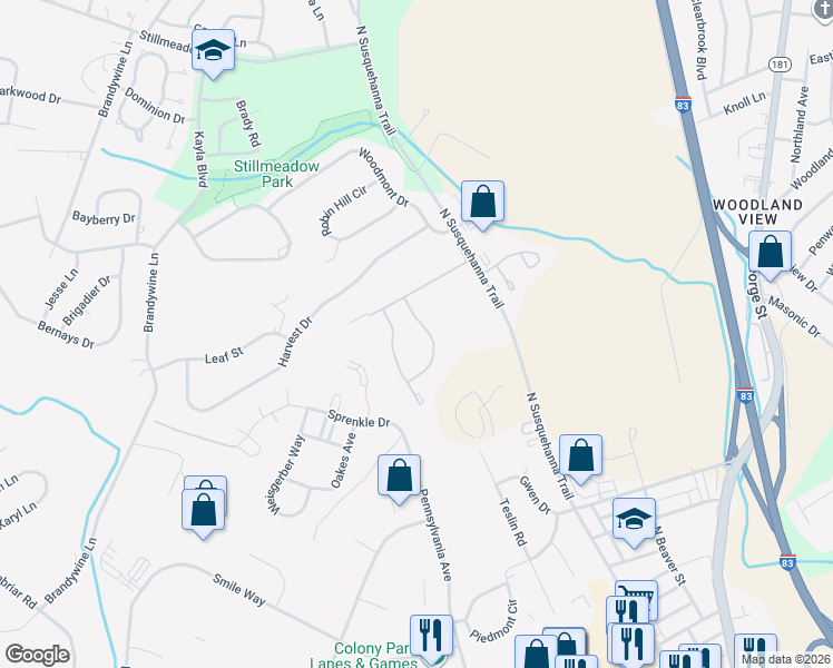 map of restaurants, bars, coffee shops, grocery stores, and more near 3027 Village Circle West in York