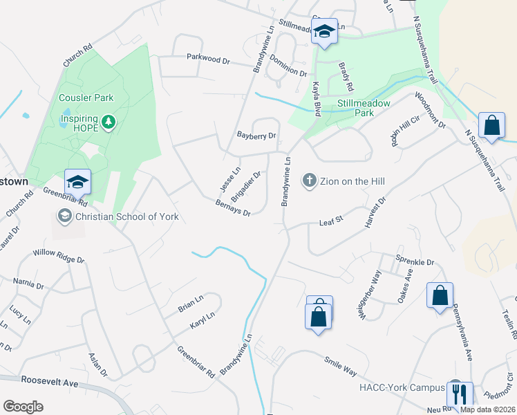 map of restaurants, bars, coffee shops, grocery stores, and more near 2231 Bernays Drive in York