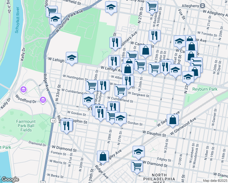 map of restaurants, bars, coffee shops, grocery stores, and more near in Philadelphia