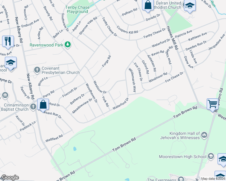map of restaurants, bars, coffee shops, grocery stores, and more near 165 Westover Drive in Delran