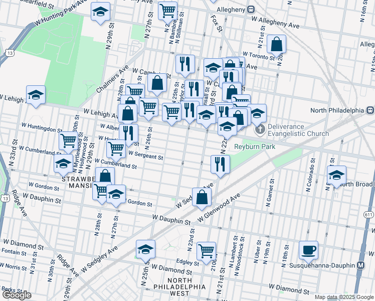 map of restaurants, bars, coffee shops, grocery stores, and more near 2603 North 24th Street in Philadelphia