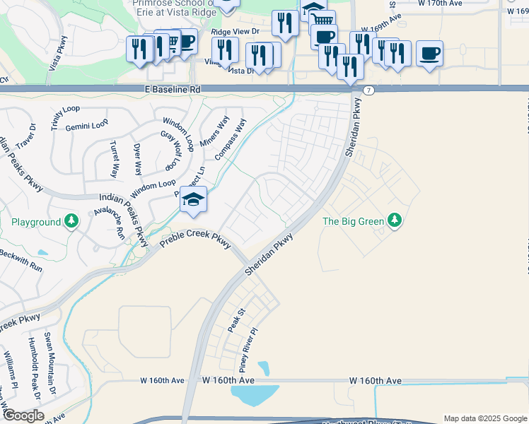map of restaurants, bars, coffee shops, grocery stores, and more near 2337 West 165th Lane in Broomfield