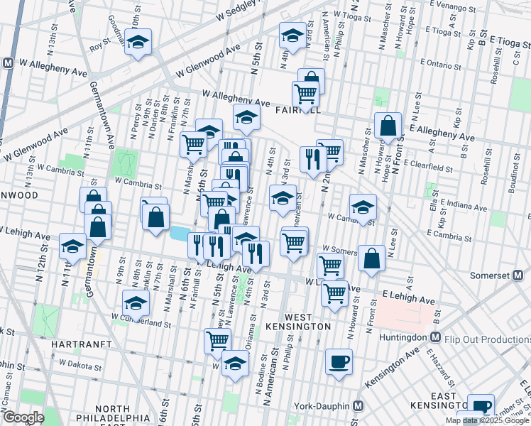 map of restaurants, bars, coffee shops, grocery stores, and more near 2834 North 4th Street in Philadelphia
