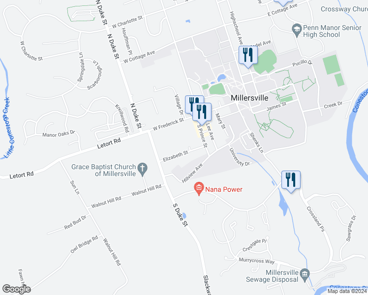 map of restaurants, bars, coffee shops, grocery stores, and more near 4 Windsor Court in Millersville